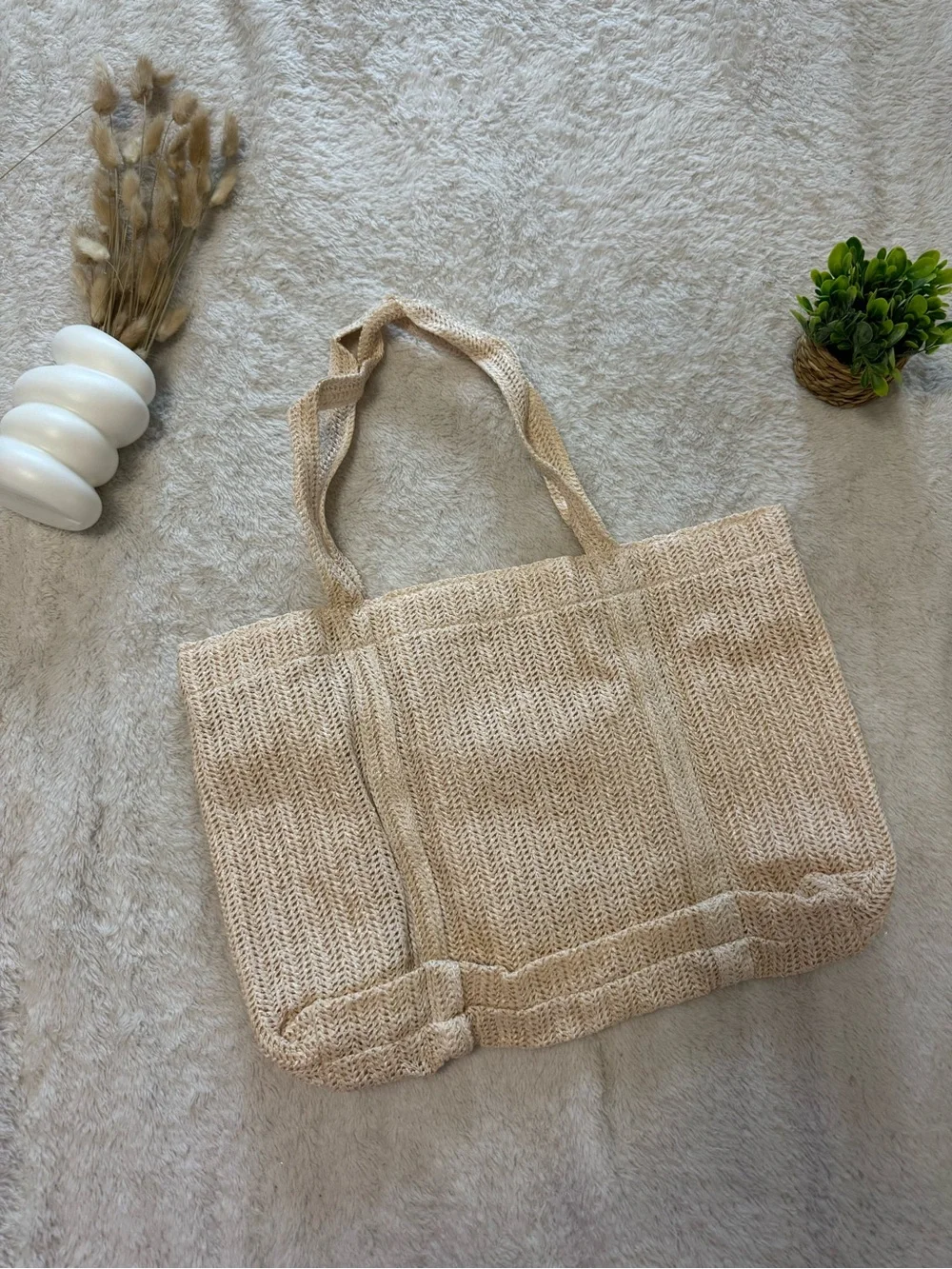 Woven Beach Tote Bag - Beige